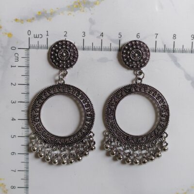 Antique Silver Circular Jhumka Small Earrings with Ghungroo Drops